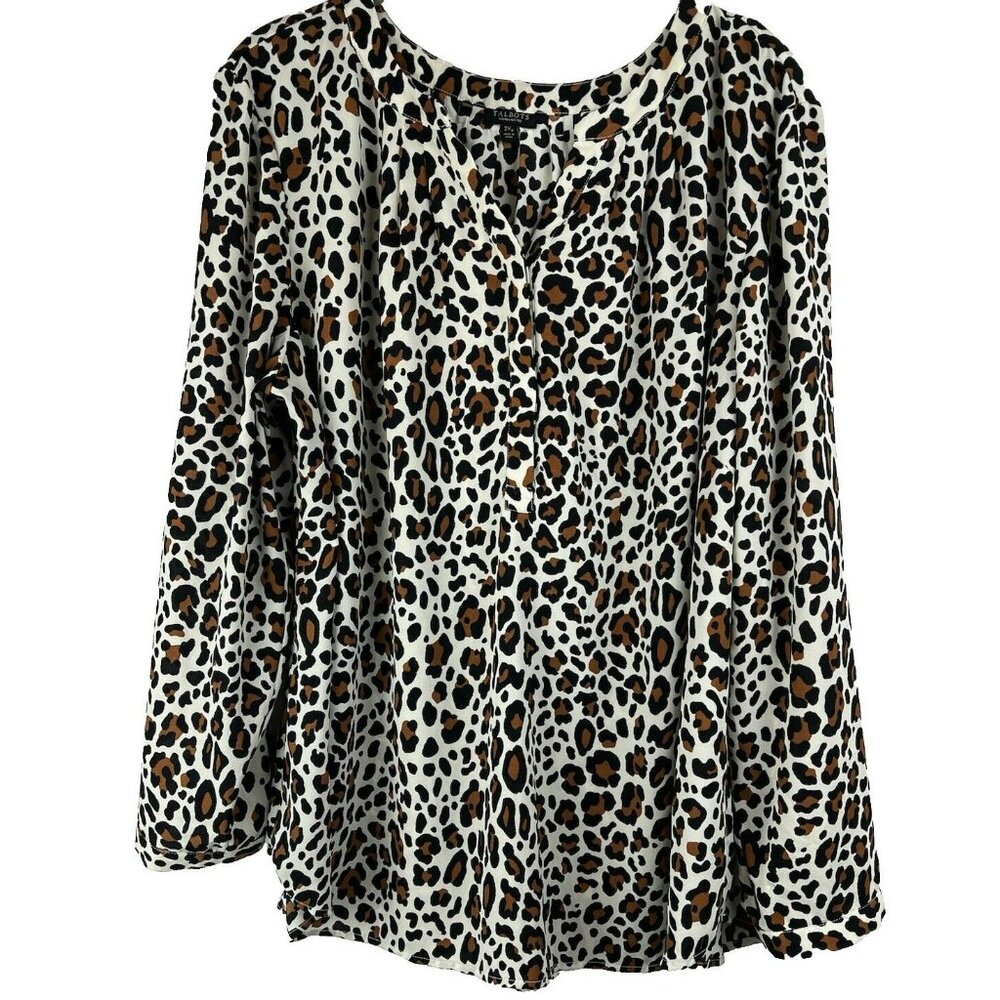 Talbots Plus Size Top 2X Leopard Animal Print Chiffon Blouse Button Pullover L/S
